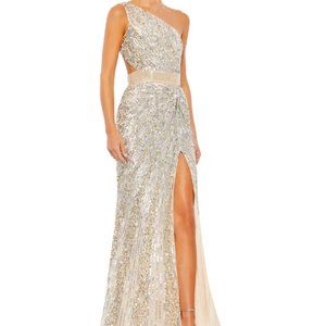 MAC DUGGAL ONE SHOULDER SEQUIN BEADED LACE UP BACK NUDE SILVER GOWN sz 12